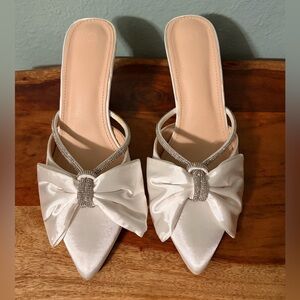 White Satin Bow Mules